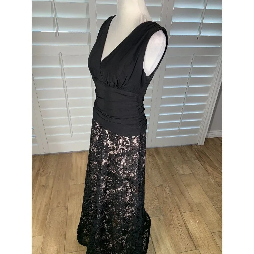 Y2K Black Evening Dress Retro Ruched Lace Skirt 6 Prom Formal SL Fashions Beauty